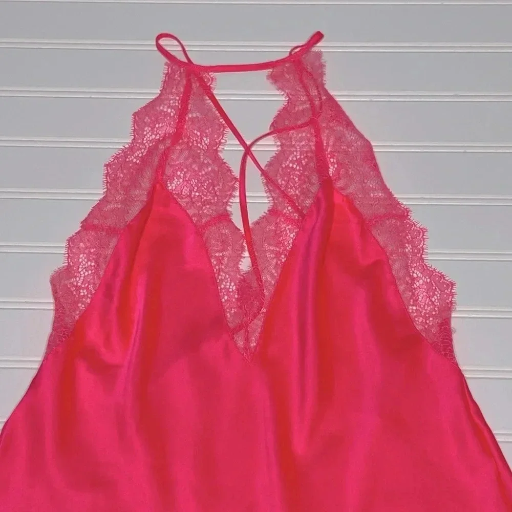 VICTORIA'S SECRET Satin Lace Slip Dress in Hot Pink